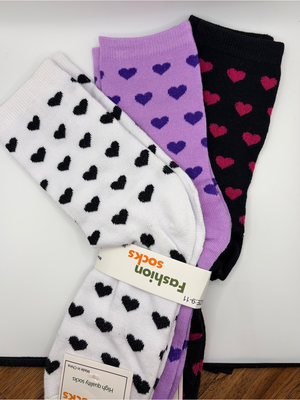 Fashion Socks Ladies Heart Pattern Crew Socks - White, Purple, Black - Picture 3 of 3